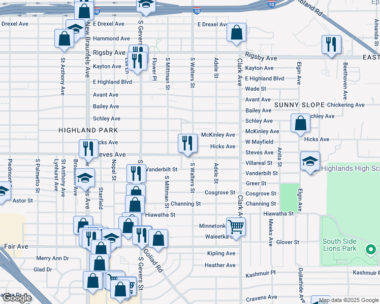 map of restaurants, bars, coffee shops, grocery stores, and more near 2729 S Walters in San Antonio