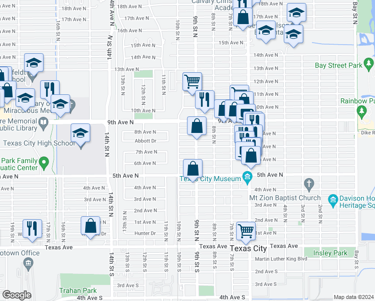 map of restaurants, bars, coffee shops, grocery stores, and more near 917 7th Avenue North in Texas City