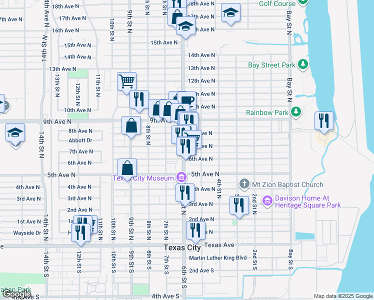map of restaurants, bars, coffee shops, grocery stores, and more near 525 7th Avenue North in Texas City
