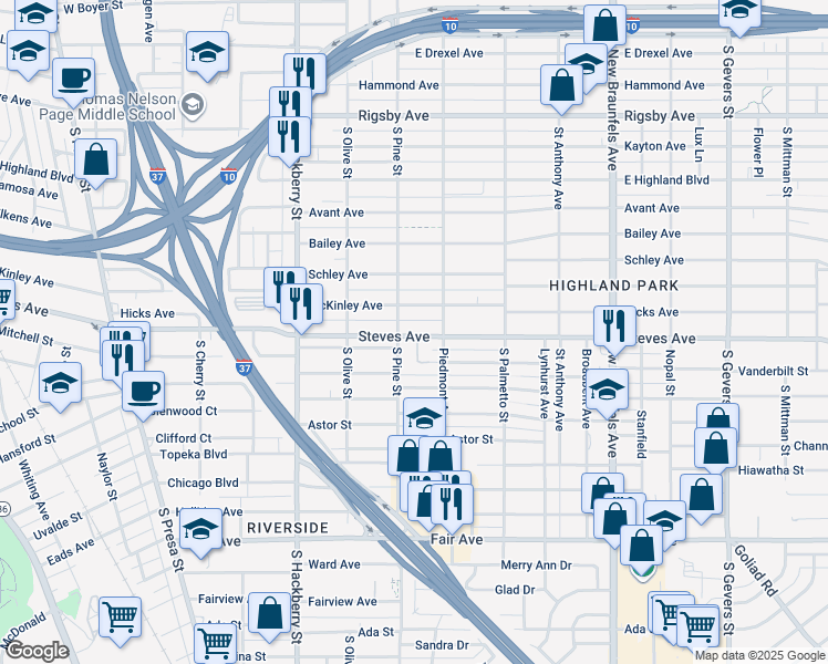 map of restaurants, bars, coffee shops, grocery stores, and more near 1511 Steves Avenue in San Antonio