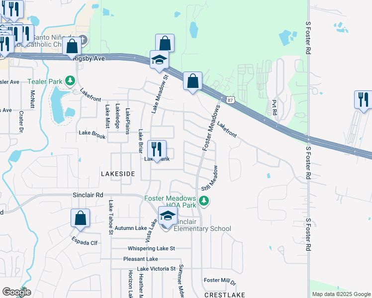 map of restaurants, bars, coffee shops, grocery stores, and more near 6003 Pleasant Meadow in San Antonio