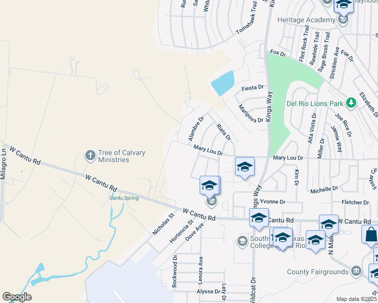 map of restaurants, bars, coffee shops, grocery stores, and more near 1020 Mary Lou Drive in Del Rio