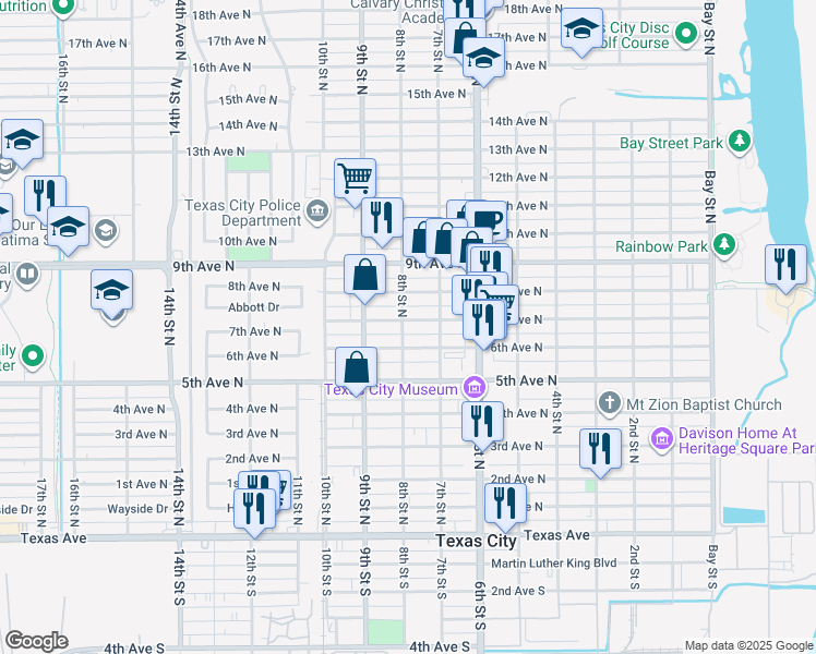 map of restaurants, bars, coffee shops, grocery stores, and more near 717 7th Avenue North in Texas City