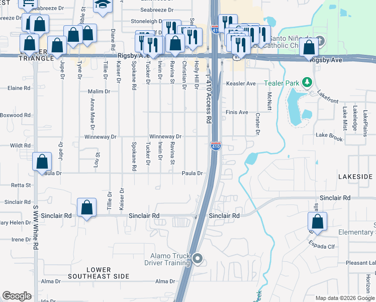 map of restaurants, bars, coffee shops, grocery stores, and more near 2827 Holly Hill Drive in San Antonio