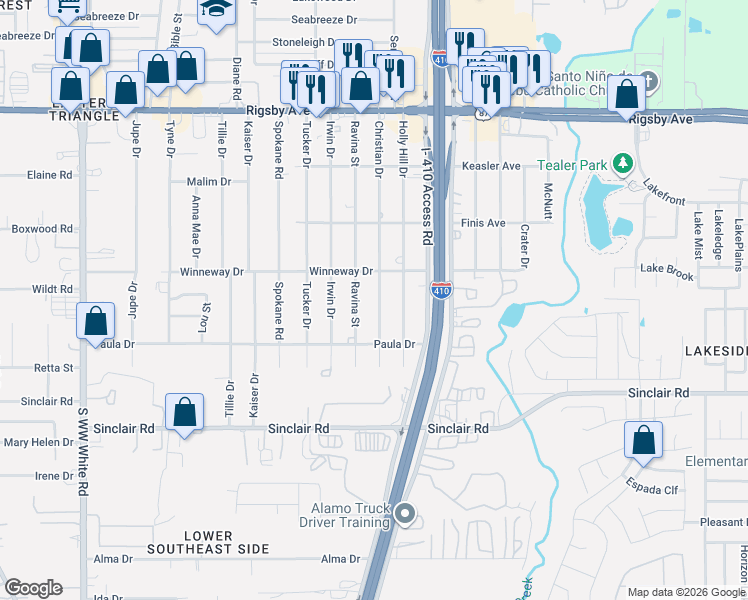 map of restaurants, bars, coffee shops, grocery stores, and more near 2826 Ravina Street in San Antonio