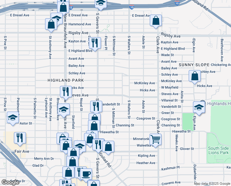 map of restaurants, bars, coffee shops, grocery stores, and more near 2211 Steves Avenue in San Antonio