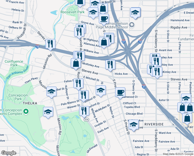 map of restaurants, bars, coffee shops, grocery stores, and more near 452 East Mitchell Street in San Antonio