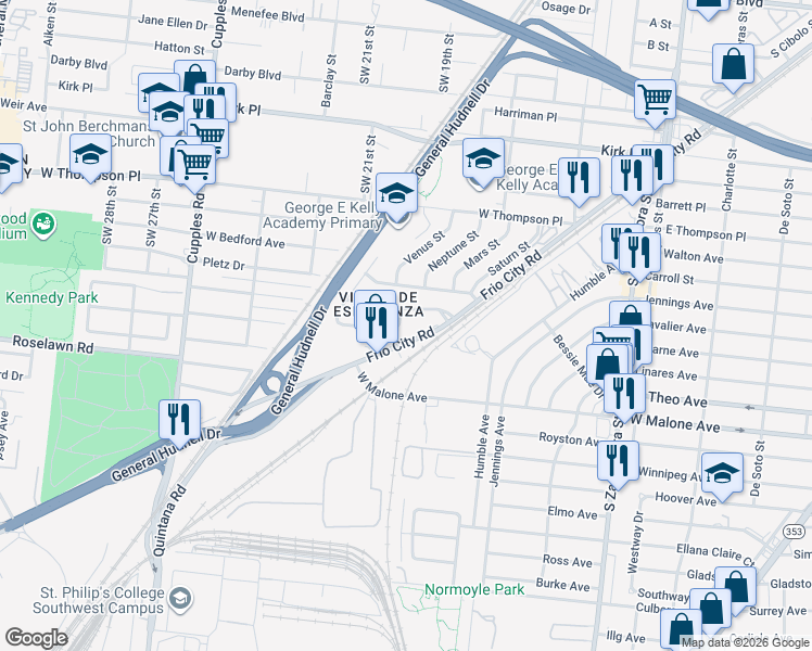 map of restaurants, bars, coffee shops, grocery stores, and more near 2033 Frio City Road in San Antonio