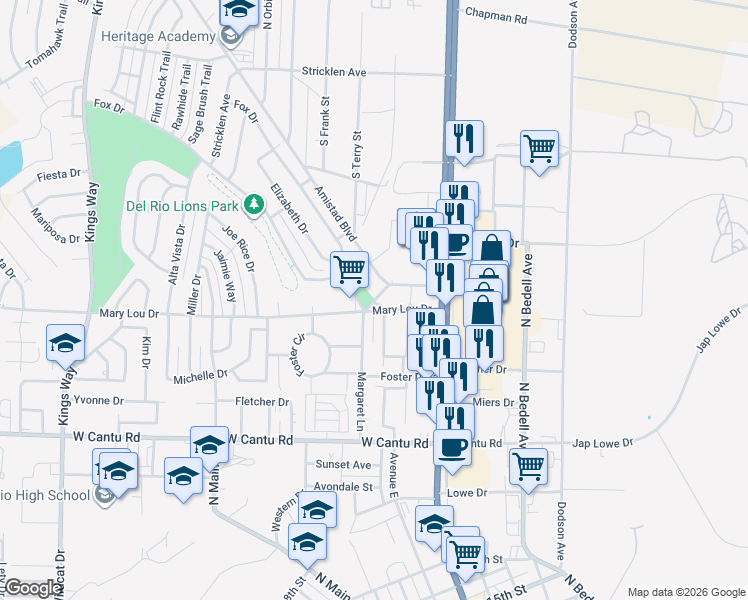 map of restaurants, bars, coffee shops, grocery stores, and more near 123 Catherine St in Del Rio