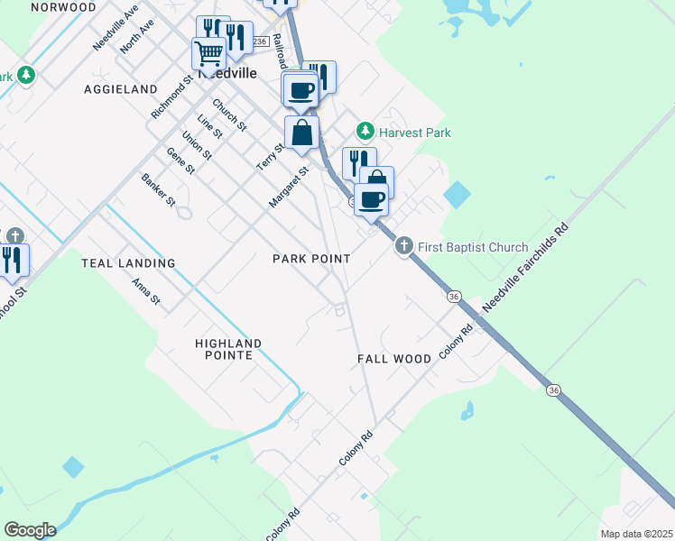 map of restaurants, bars, coffee shops, grocery stores, and more near 9707 Church Street in Needville