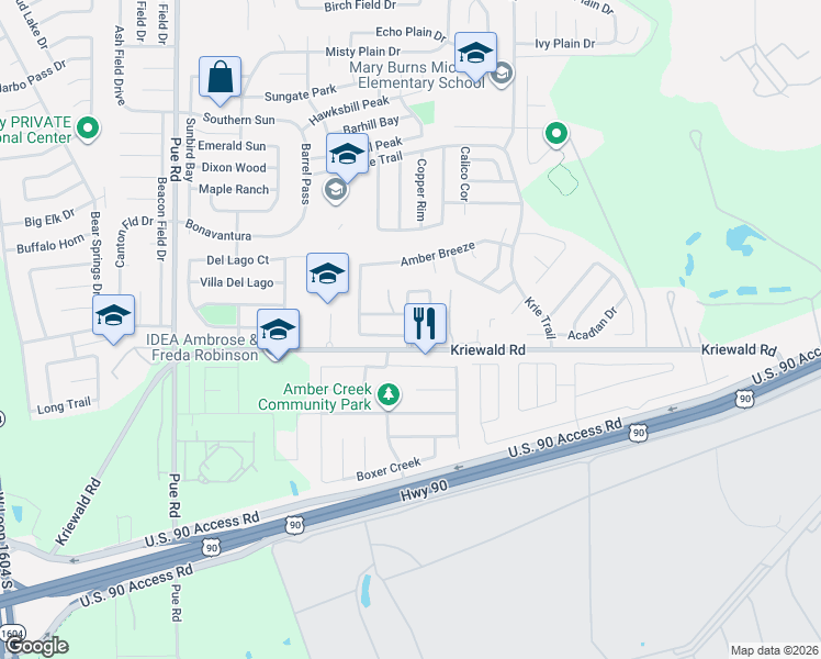 map of restaurants, bars, coffee shops, grocery stores, and more near 9914 Fuchsia View in San Antonio