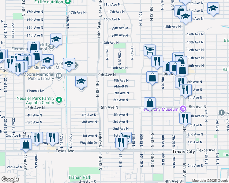 map of restaurants, bars, coffee shops, grocery stores, and more near 1218 7th Avenue North in Texas City
