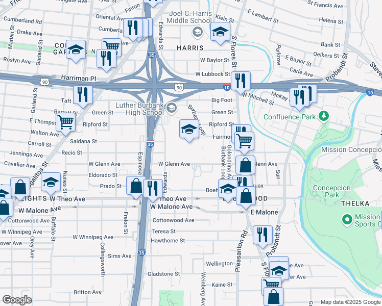 map of restaurants, bars, coffee shops, grocery stores, and more near 1002 Edwards in San Antonio