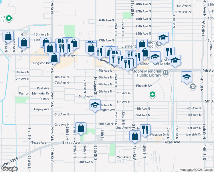 map of restaurants, bars, coffee shops, grocery stores, and more near 2335 7th Avenue North in Texas City