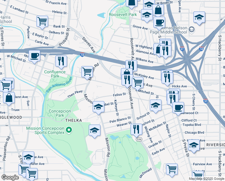 map of restaurants, bars, coffee shops, grocery stores, and more near 151 Felisa Street in San Antonio