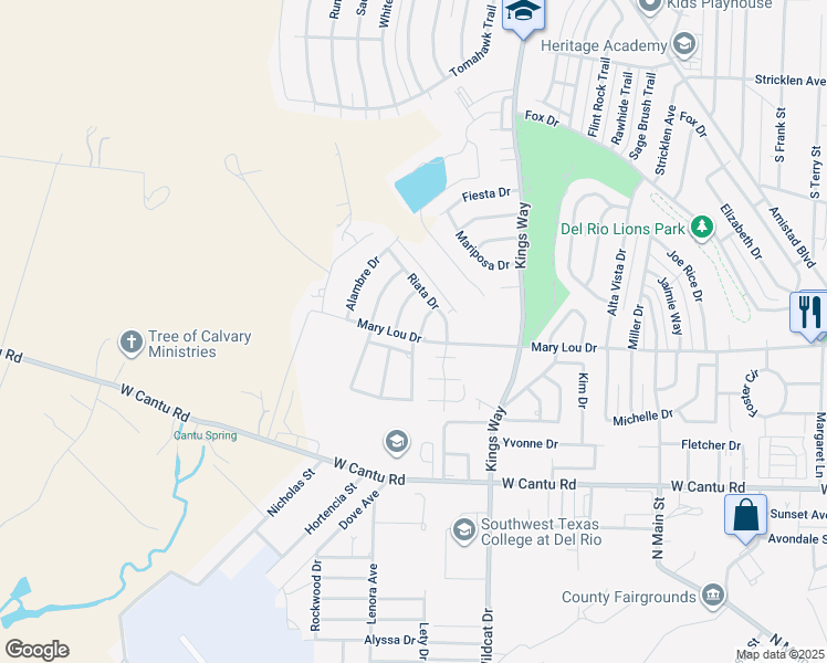 map of restaurants, bars, coffee shops, grocery stores, and more near 1020 Mary Lou Drive in Del Rio