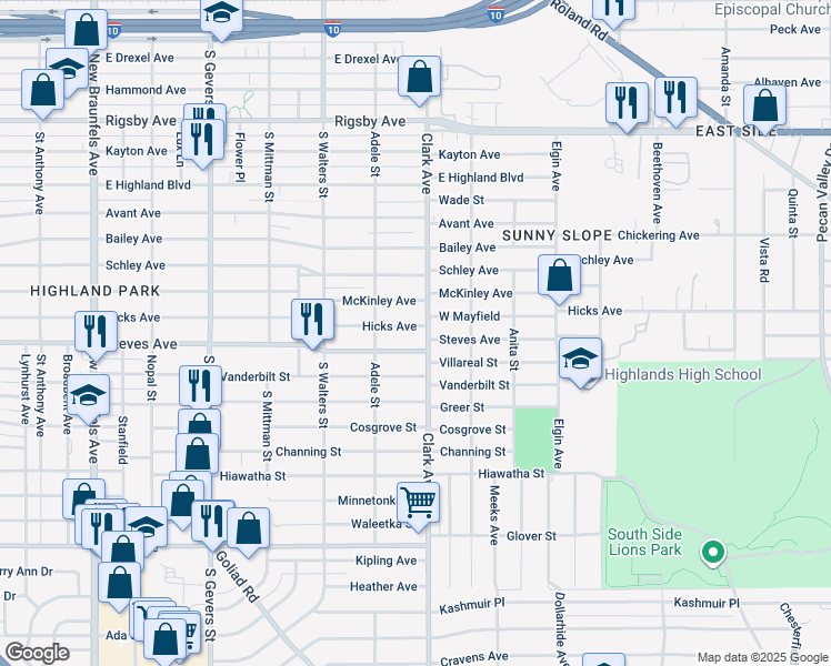 map of restaurants, bars, coffee shops, grocery stores, and more near 2521 Steves Avenue in San Antonio
