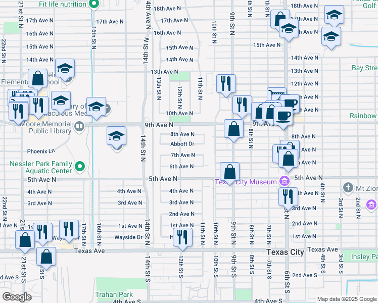 map of restaurants, bars, coffee shops, grocery stores, and more near 1129 7th Avenue North in Texas City