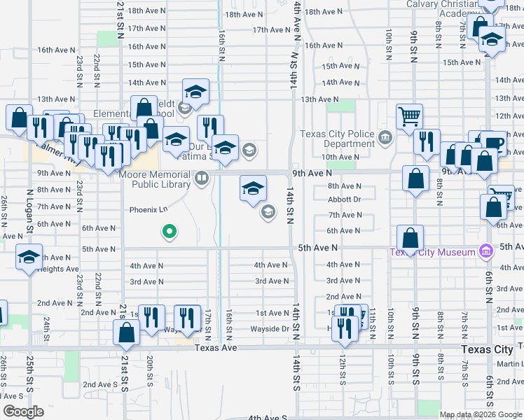 map of restaurants, bars, coffee shops, grocery stores, and more near 1431 9th Avenue North in Texas City