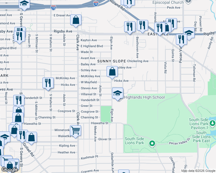 map of restaurants, bars, coffee shops, grocery stores, and more near 2836 Steves Avenue in San Antonio