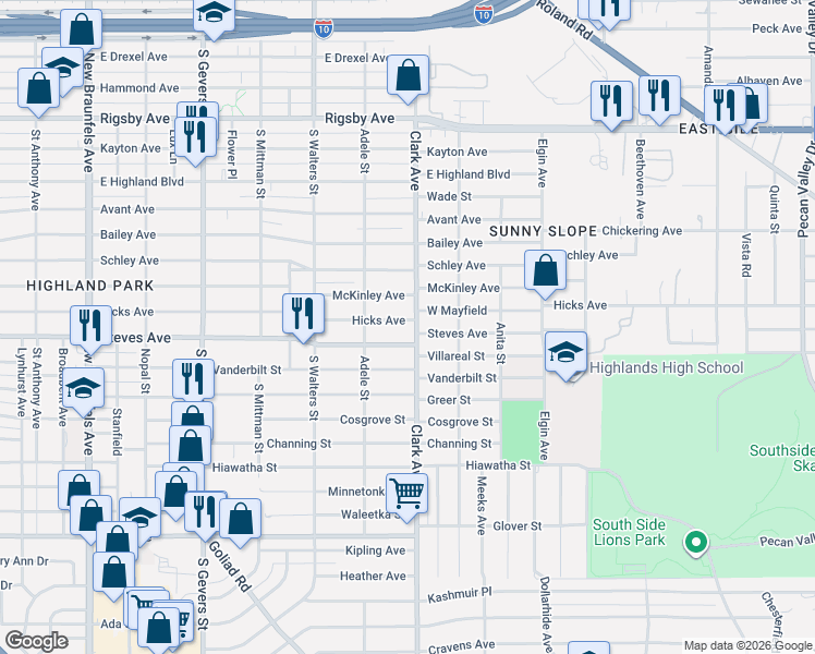 map of restaurants, bars, coffee shops, grocery stores, and more near 2606 Steves Avenue in San Antonio