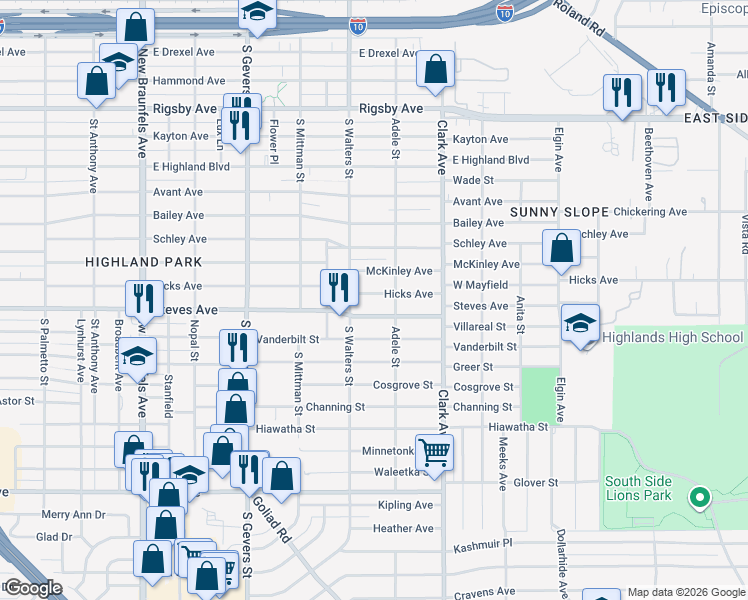 map of restaurants, bars, coffee shops, grocery stores, and more near 2439 Steves Avenue in San Antonio