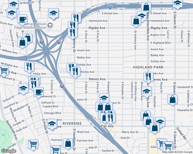 map of restaurants, bars, coffee shops, grocery stores, and more near 1430 Steves Avenue in San Antonio