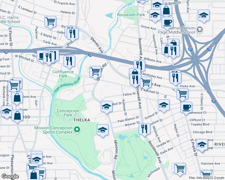 map of restaurants, bars, coffee shops, grocery stores, and more near 247 Felisa Street in San Antonio