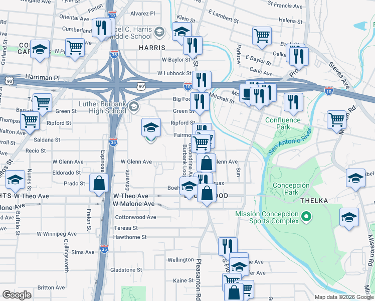 map of restaurants, bars, coffee shops, grocery stores, and more near 310 Golondrina Avenue in San Antonio