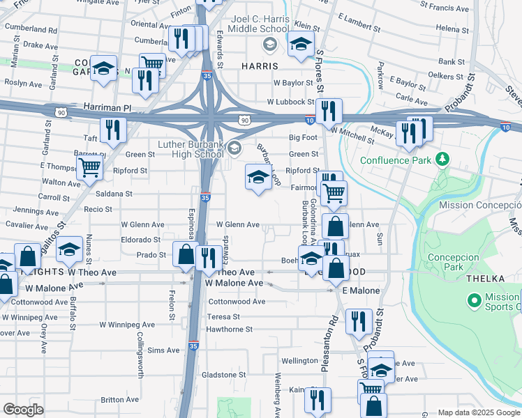 map of restaurants, bars, coffee shops, grocery stores, and more near 301-499 W Glenn Ave in San Antonio