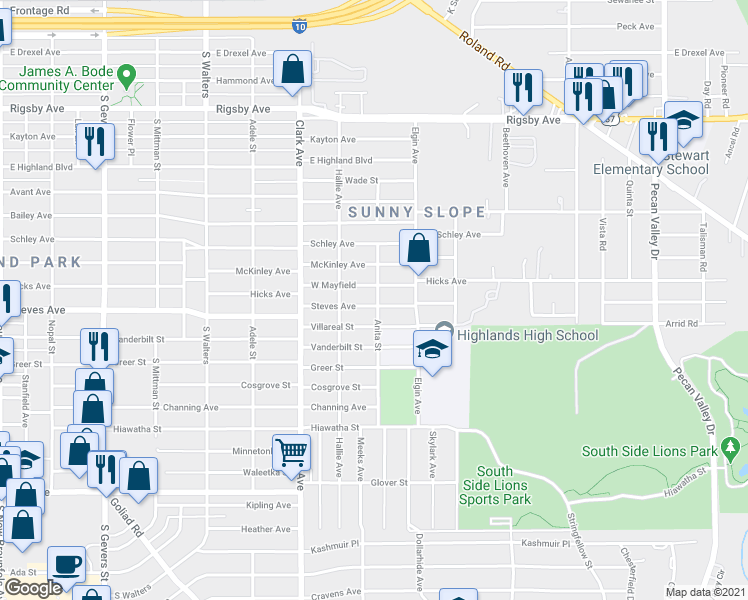 map of restaurants, bars, coffee shops, grocery stores, and more near 2737 Steves Avenue in San Antonio
