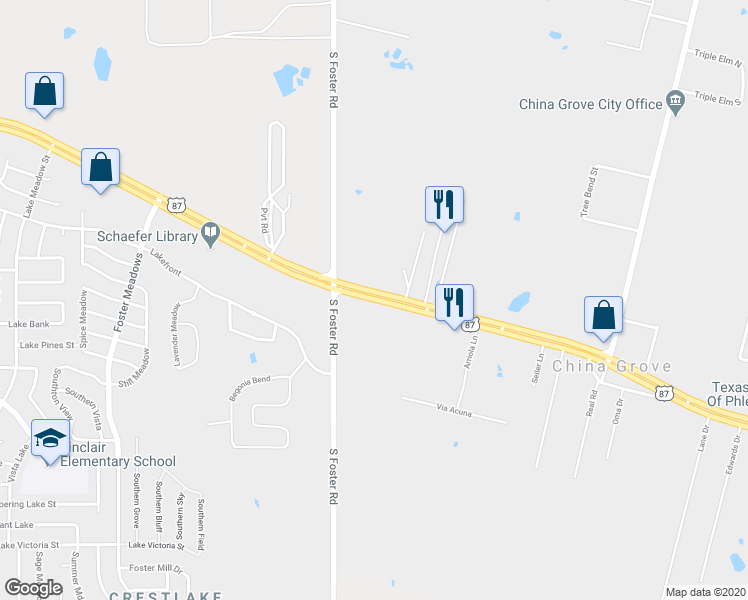 map of restaurants, bars, coffee shops, grocery stores, and more near 6678 U.S. 87 in San Antonio