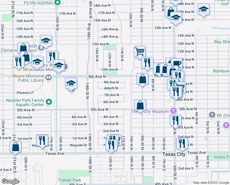 map of restaurants, bars, coffee shops, grocery stores, and more near 1129 7th Avenue North in Texas City