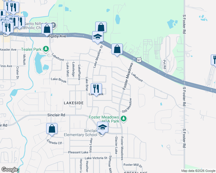 map of restaurants, bars, coffee shops, grocery stores, and more near 6003 Pleasant Meadow in San Antonio