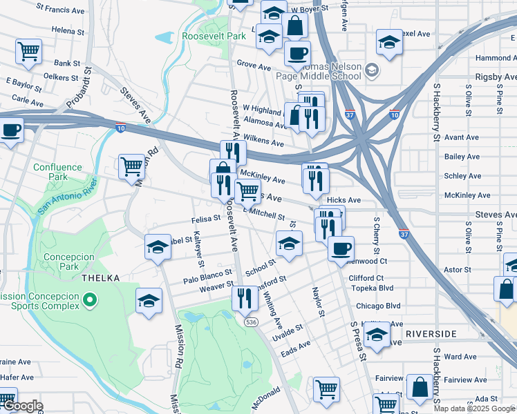 map of restaurants, bars, coffee shops, grocery stores, and more near 452 East Mitchell Street in San Antonio