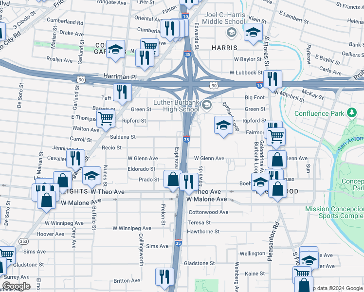 map of restaurants, bars, coffee shops, grocery stores, and more near 610 Recio Street in San Antonio