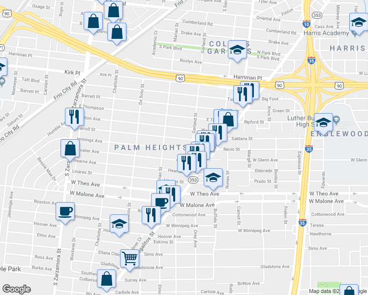 map of restaurants, bars, coffee shops, grocery stores, and more near 226 Jennings Avenue in San Antonio