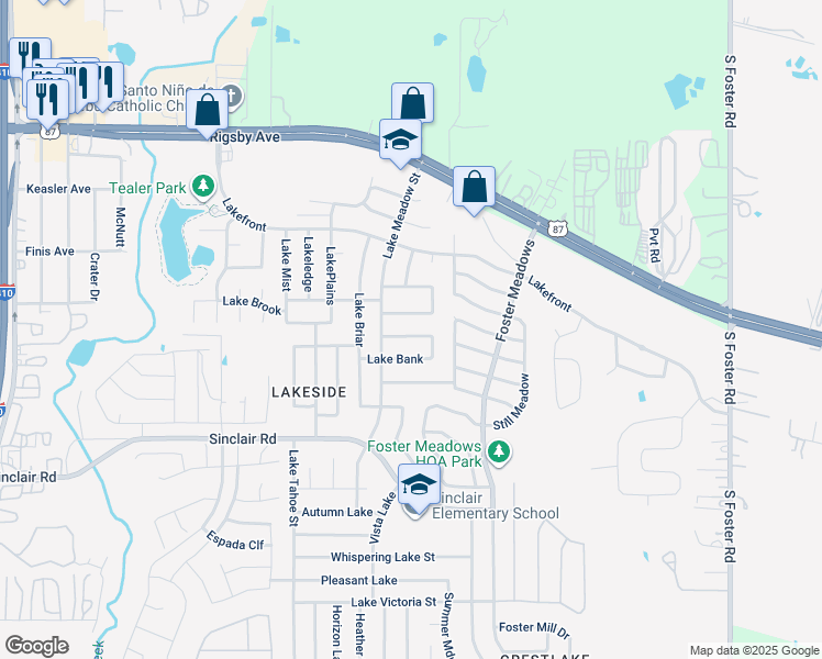 map of restaurants, bars, coffee shops, grocery stores, and more near 5923 Lake Nacoma Street in San Antonio