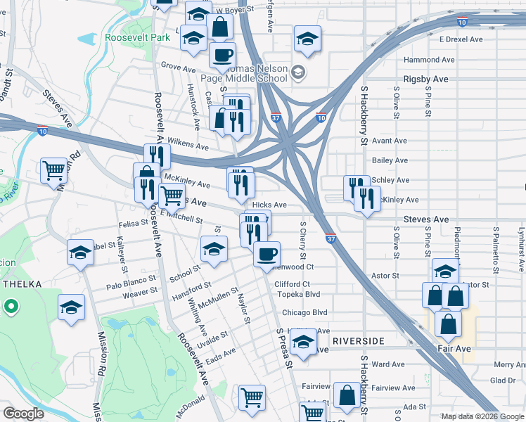 map of restaurants, bars, coffee shops, grocery stores, and more near 1022 Steves Avenue in San Antonio