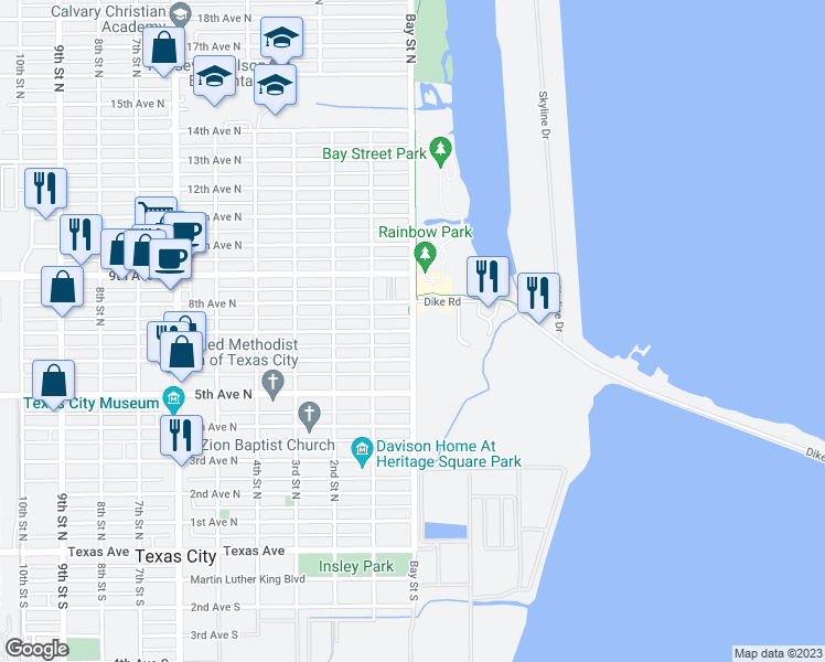 map of restaurants, bars, coffee shops, grocery stores, and more near 1 7th Avenue North in Texas City