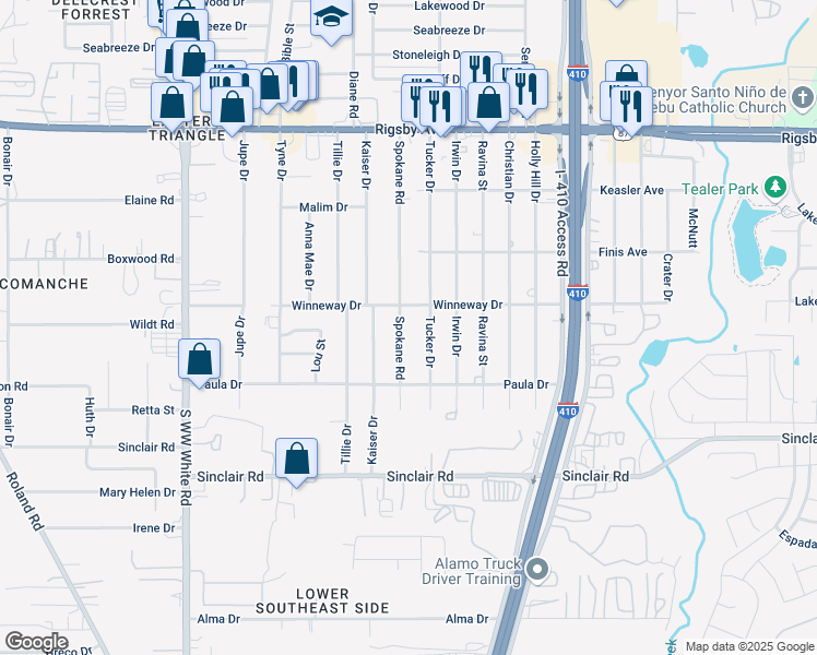 map of restaurants, bars, coffee shops, grocery stores, and more near 2827 Tucker Drive in San Antonio