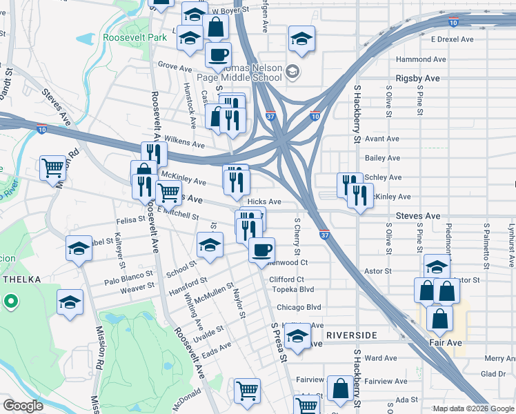 map of restaurants, bars, coffee shops, grocery stores, and more near 1022 Steves Avenue in San Antonio
