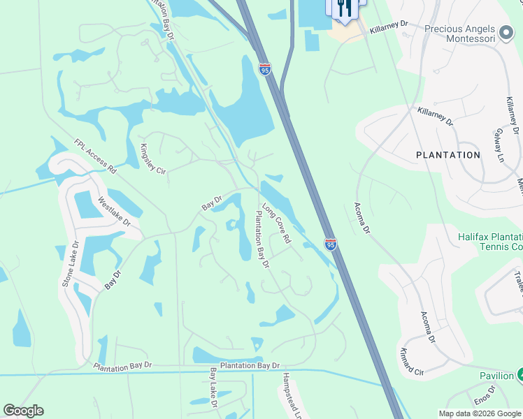 map of restaurants, bars, coffee shops, grocery stores, and more near 414 Long Cove Court in Ormond Beach