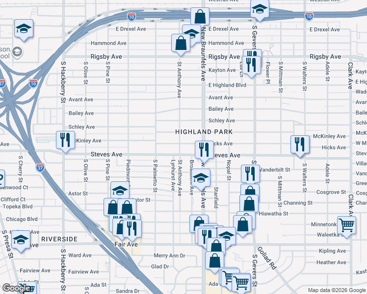 map of restaurants, bars, coffee shops, grocery stores, and more near 1807 Steves Avenue in San Antonio