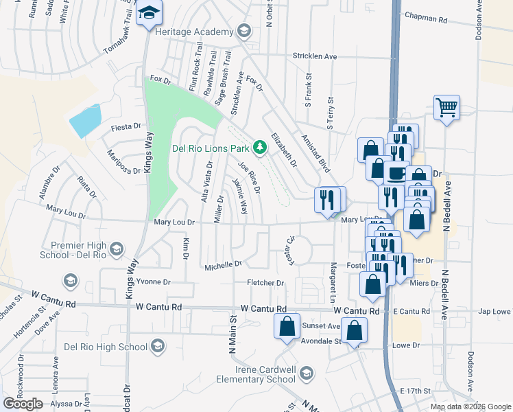 map of restaurants, bars, coffee shops, grocery stores, and more near 103 Jaimie Way in Del Rio