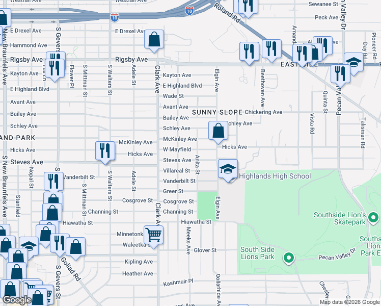 map of restaurants, bars, coffee shops, grocery stores, and more near 2802 Steves Avenue in San Antonio
