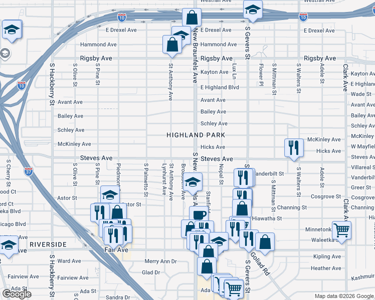 map of restaurants, bars, coffee shops, grocery stores, and more near in San Antonio
