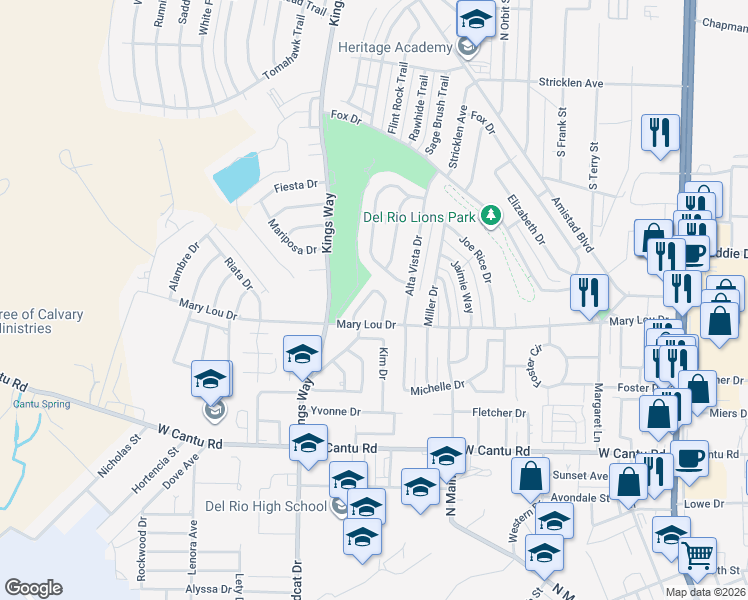 map of restaurants, bars, coffee shops, grocery stores, and more near 101 Garden Crest Circle in Del Rio
