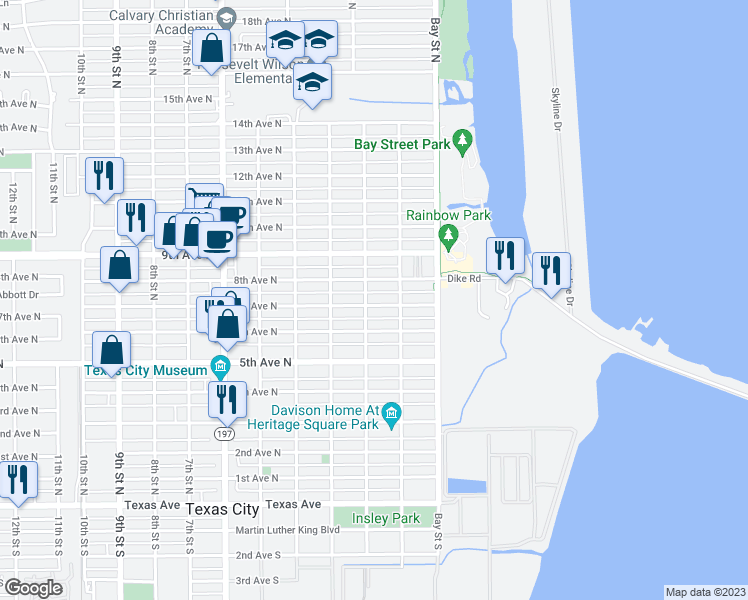 map of restaurants, bars, coffee shops, grocery stores, and more near 128 7th Avenue North in Texas City