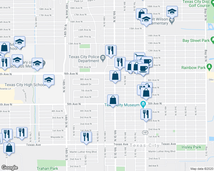 map of restaurants, bars, coffee shops, grocery stores, and more near 917 7th Avenue North in Texas City